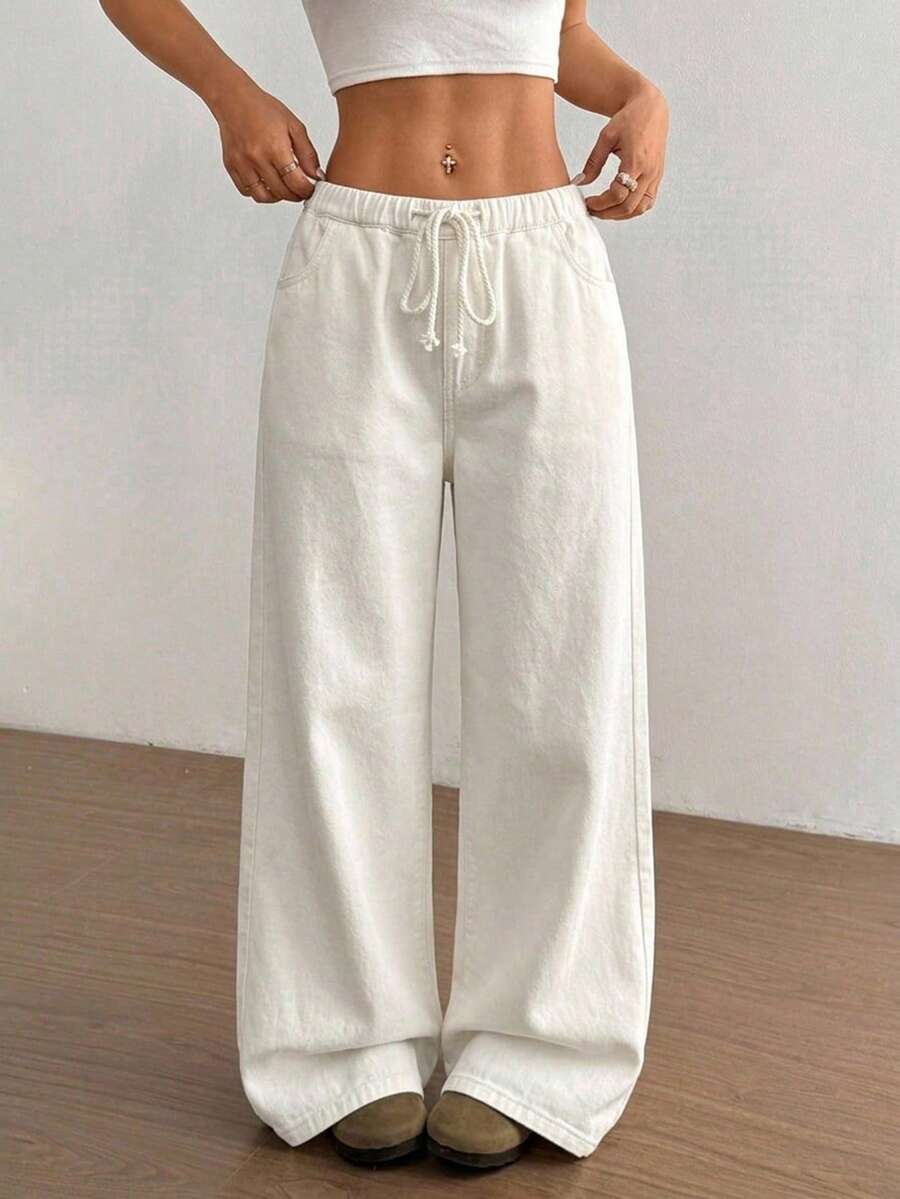 SHEIN Jeanoir Women's Casual Solid Color Drawstring Waist Slant Pocket Straight Leg Jeans - White - View 1