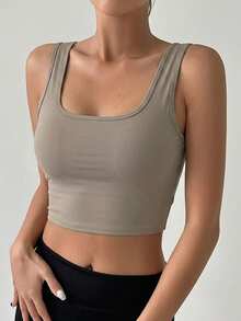DAZY Square Neck Solid Color Minimalist Wireless Backless Long Sports Bra - Khaki - View 3