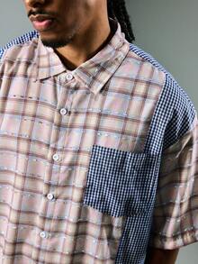 ROMWE MEN Street Life Men's Patchwork Plaid Short Sleeve Pocket Design Casual Loose Fit Shirt - Multicolor - View 2