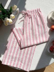 SHEIN EZwear Pink White Striped Drawstring Waist Casual Cute Pants, Plus Size Vacation Summer - Pink - View 4