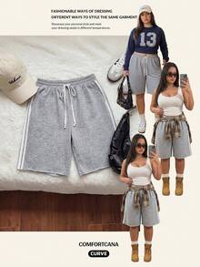 Comfortcana Women's Plus Size Elastic Waist Drawstring Side Stripe Grey Shorts - Grey - View 7