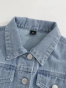 Tween Girls' Denim Jacket Coat Autumn New Arrival Fashion Casual Light Blue Washed Patch Pocket Design Cropped Basic Style Loose Fit - Light Wash - View 7