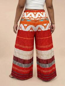 Travachic Plus Size Contrast Color Vintage Loose Straight Casual Pants - Multicolor - View 2