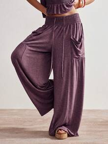 Bohemela Casual Boho Solid Color Knit Round Neck Loose T-Shirt Low Waist Loose Wide Leg Long Pants Women's 2 Pieces Set Travel Dusty Purple Summer - Dusty Purple - View 11