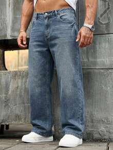 DAZY Washed Distressed Straight Leg Zipper Pocket Plus Size Men's Jeans Fall - Blue - View 3