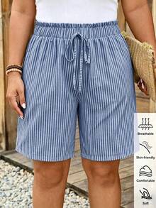 Comfylo Celana Pendek Wanita Ukuran Besar Motif Garis-garis Biru Putih Kasual untuk Liburan, Cocok untuk Musim Panas, Warna Biru - MultiWarna - View 6