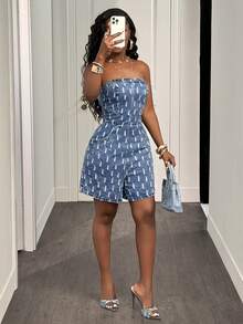 Slaydiva Jumpsuit denim sexy size lớn, thiết kế chải xước, khóa kéo sau lưng, chiết eo - Rửa trung bình - Xem 6