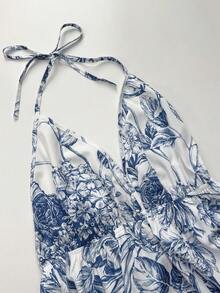 Gownix Backless White And Blue Floral Print Halter Neck Vacation Dress Summer Boho - Blue and White - View 6