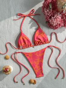Swim Vcay 女款夏季海灘度假掛脖綁帶露背性感比基尼泳衣兩件組 - 紅色 - 查看 2