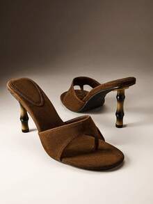 Hauture Sandalias de mujer con tacón con forma de bambú y sin cordones de ante sintético - Marrón Chocolate - Ver 2