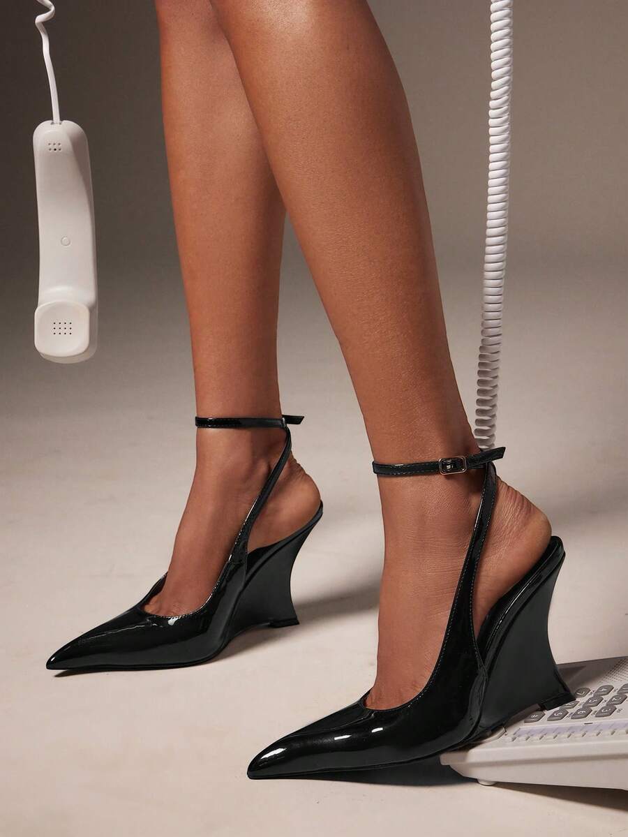 Hauture Women's Fashionable Sexy Pointy Toe Ankle Strap Wedge Pumps - Black - View 1