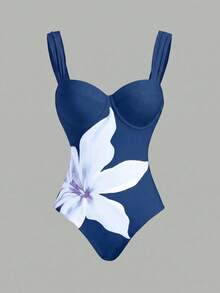 Swim Oasis 女款度假海灘花卉印花連身泳衣搭配百褶罩衫裙套裝 - 藍色 - 查看 3