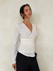 Aloruh Elegante maglietta casual da donna con scollo a V, maniche lunghe, stile minimalista, top versatile per tutti i giorni - Albicocca - Visualizzare 7