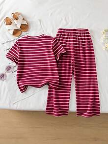 Genkimix Kids Young Girls Casual Textured Striped T-Shirt & Fashion Flare Pants Set, Suitable For Summer, Outing Wear - Burgundy - View 2