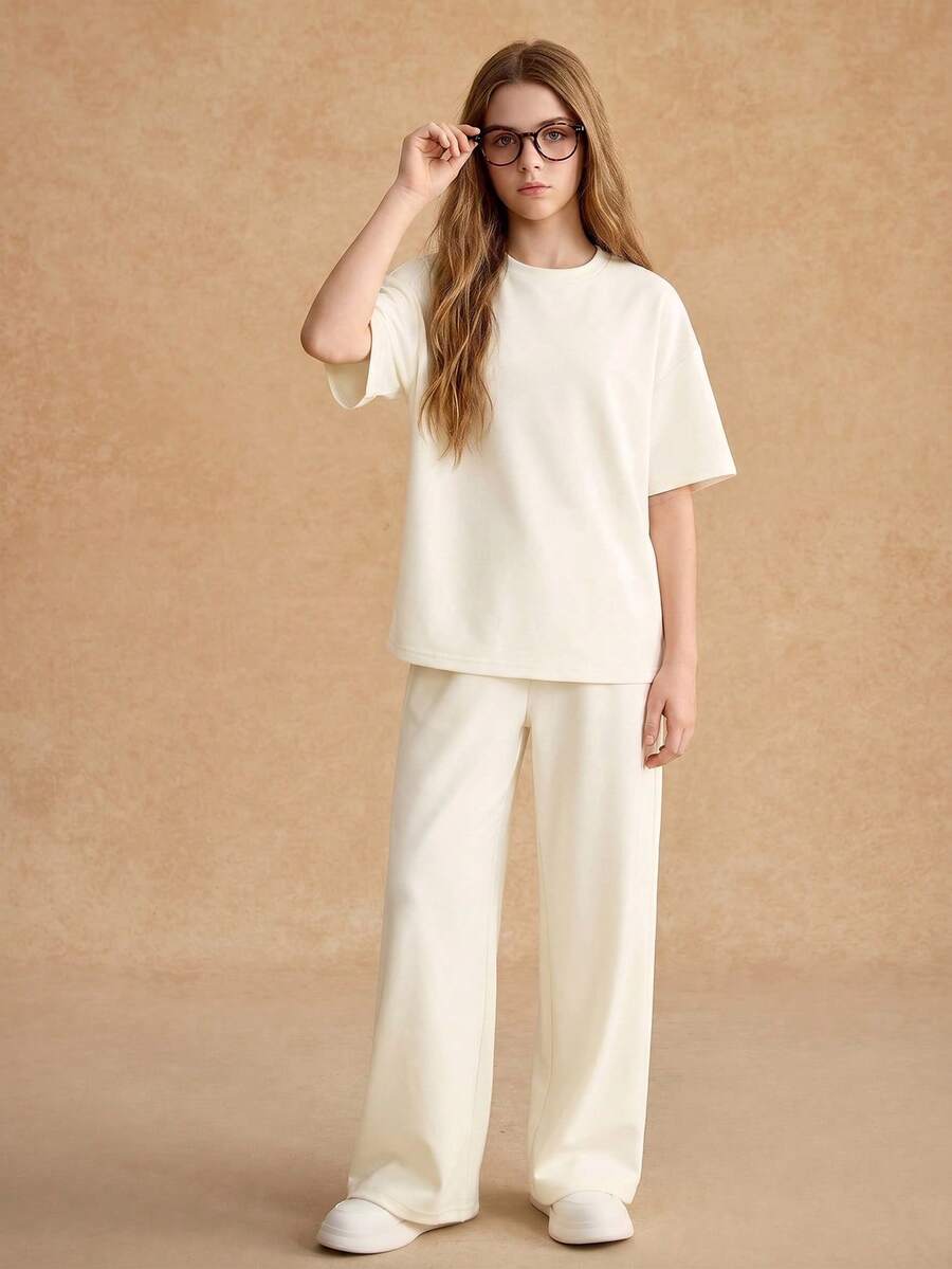 SHEIN Teen Girls 2pcs/Set Short Sleeve Round Neck T-Shirt Set, Loose Wide Sleeve T-Shirt + Loose Long Pants Set, Holiday Outfits - Apricot - View 1