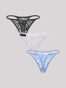 Hourtrue 3pcs/Set Women's Low Waist Sexy Lace Thong Panties, Floral Pattern Sexy Lingerie - Multicolor - View 2