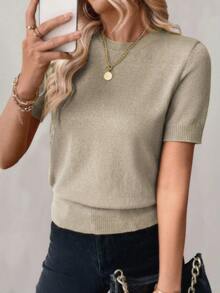 SHEIN LUNE Top de punto de manga corta con cuello redondo y ribete acanalado de unicolor para mujer - Caqui - Ver 1