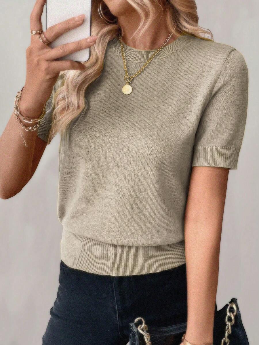 SHEIN LUNE Top de punto de manga corta con cuello redondo y ribete acanalado de unicolor para mujer - Caqui - Ver 1