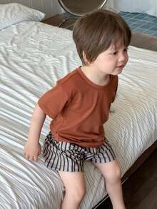 DAZY Baby Boy Round Neck Solid Color T-Shirt And Striped Shorts Pajama Set - Orange - View 5