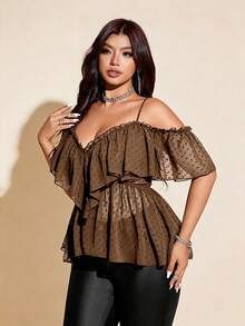 Viva Relle Plus Size Women's Sexy Off-Shoulder Backless Ruffle Trim Blouse - Brown - View 4