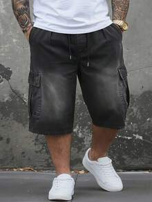 DAZY Celana Pendek Denim Pria Ukuran Besar Warna Hitam dengan Detail Saku dan Efek Lusuh, Cocok untuk Musim Gugur - Hitam - View 1