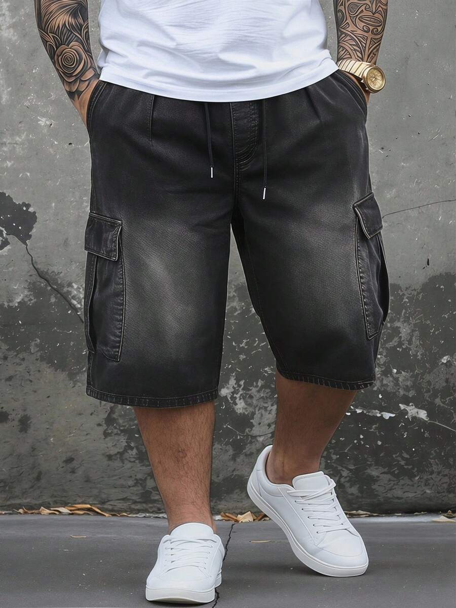 DAZY Celana Pendek Denim Pria Ukuran Besar Warna Hitam dengan Detail Saku dan Efek Lusuh, Cocok untuk Musim Gugur - Hitam - View 1