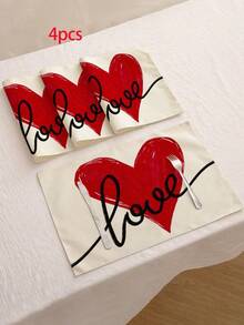 1/4/6PCS Polyester Stain Resistant Non Slip Washable Red Pink Heart Love Decor Placemat Dining Mat For Valentine Day Home Restaurant Dining Table Decor Household Items - Red - View 12