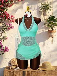 Swim Lushoire Summer 2026 Spring/Summer European And American New Pure Desire Style Green Sequin Hollow Lace One-Piece Swimsuit Swim Dress For Women Halter Neck - Mint Green - View 2