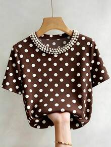 Franclia Elegant Slim Fit Round Neck Beaded Casual Ribbed Short Sleeve Women's T-Shirt - Brown - View 3