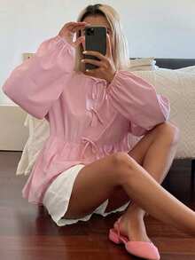 DAZY Set pigiama da donna 2 pezzi con blusa ampia decorata con fiocco e pantaloni corti, outfit primavera estate, tonalità rosa - Rosa - Visualizzare 10