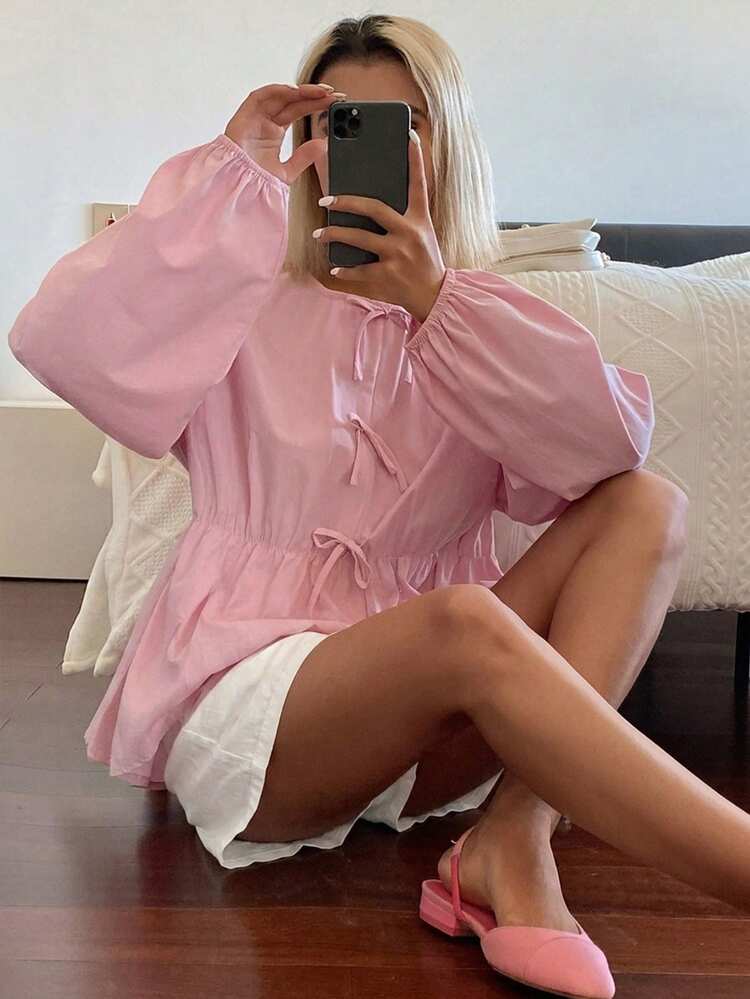 Bowknot Decor Loose Sweet Blouse & Short Pajama Pants 2pcs Set Spring Summer Outfit Pink Tone Women's Pajama Set