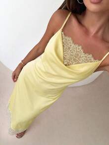 Modelyn Women's Spring/Summer New Lace Patchwork V-Neck Maxi Elegant Spaghetti Strap Vacation Dress Pale Yellow - Yellow - View 5