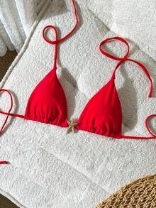 Swim Vcay Women's Spring/Summer Solid Color Halter Neck Metal Decor Bikini Top - Red - View 3