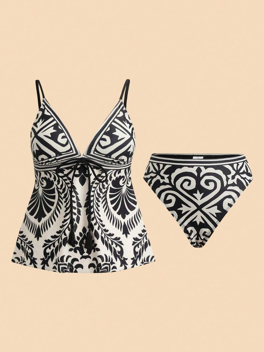 Travachic Women's Summer Vacation Beach All-Over Print Front Tie Spaghetti Strap Bikini Set - Multicolor - View 1