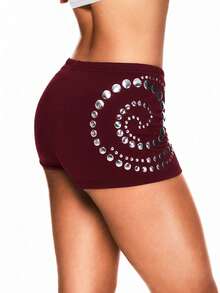 TypaGal Women's Solid Color Tight Low-Waist Hot Girl Sequin Decorated Shorts Night Rave Dark Red Summer Sexy Techno Party Clubbing - Burgundy - View 7