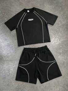 Captain Tsubasa X SHEIN STYNVO Men's Casual Fashion Street Daily Commute Letter & Football Print Contrast Piping Raglan Short Sleeve T-Shirt And Drawstring Waist Shorts Set, Summer - Black - View 2