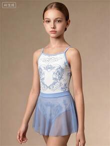 SHEIN Bộ đồ múa ba lê 2 món cho bé gái gồm áo liền quần hai dây màu trắng ngọt ngào và váy tutu liền thân, dây đeo có thể điều chỉnh với phần phối lưới, thiết kế họa tiết trang nhã, phù hợp cho các kỳ thi ba lê và biểu diễn trên sân khấu, chất liệu co giãn cao, mềm mại và thân thiện với da. - trắng - Xem 4