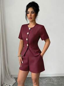 Elenzga 女款商務辦公工作服夏季套裝 新嘉年華服裝 嘉年華套裝 海灘度假海灘套裝 派對優雅套裝 女款優雅套裝 夏季度假套裝 女款度假服飾 女款休閒套裝 奢華女款派對套裝 約會賓客海灘海濱浪漫魅力金屬扣卡其色兩件套 - 酒紅色 - 查看 5