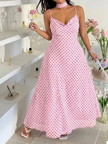 GalTyme Pink Plus Size Summer Elegant Polka Dot Print Cami Dress - Pink - View 8