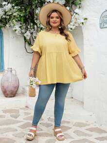 SHEIN CURVE+ Curve 加大码 US22 音乐节、海滨度假、波西米亚风 CURVE PLUS / / 女士格纹印花衬衫，适合春夏波西米亚风度假，休闲娃娃风衬衫 - 黃色 - 查看 8