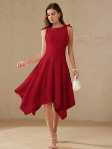 BELROSIE Vestido largo elegante rojo para fiesta y cita, corte princesa, silueta A entallada, sin mangas, cuello redondo, detalle de nudo en los hombros, bajo ancho asimétrico - Rojo - Ver 5