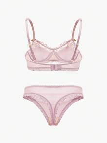 Bisouelle Conjunto de lencería de sujetador con aro y bragas de encaje en contraste para el verano para el verano - Lila Púrpura - Ver 2