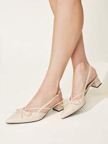 CUCCOO CHICEST Apricot Oily Leather Pointed Bow Slingback Thick Heel Sandals, Workplace Commuting Temperament Shoes - Avocado apricot - View 5