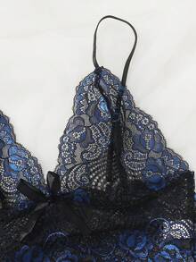 Charlaine Floral Lace Bralet With Satin Shorts - Navy Blue - View 5