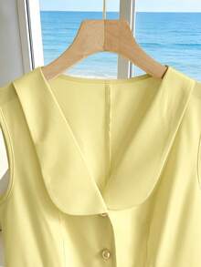 SHEIN Franclia Women's Pale Yellow Summer 1960s Vintage Holiday Tea Party Dress,Elegant French V-Neck Fitted Waist Button-Down Sleeveless Long Beach Wedding Guest - Yellow - View 3