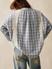 Bohemela Spring/Summer|Women's Casual Woven Vintage Plaid Lace Patchwork Shirt|Daily/Beach/Vacation/Festival/Party|Western|4th Of July|Country Concert|Juneteen - Blue - View 7