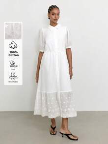 Maija Women's Solid Color Pleated Collar Casual French Elegant Tropical Midi Shirt Dress Vacation White Summer Brunch Picnic - White - View 6