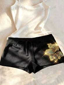 Everyssa Quần short nữ cạp thấp dáng casual, quần short đen thêu và đính sequin, quần short đen cạp thấp phong cách Y2K, quần short đi nghỉ mát, quần short mùa xuân/hè. - màu đen - Xem 8