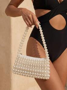 Swim Chiccia 1pc Beaded Woven Faux Pearl Handbag, Versatile Shoulder Bag Suitable For Women To Attend Formal Events Or Daily Commute - White - View 1