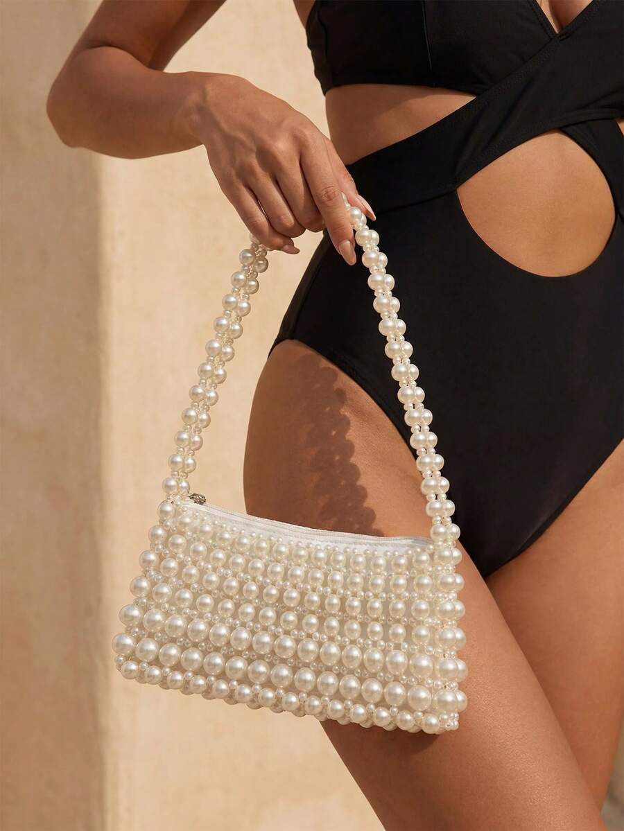 Swim Chiccia 1pc Beaded Woven Faux Pearl Handbag, Versatile Shoulder Bag Suitable For Women To Attend Formal Events Or Daily Commute - White - View 1